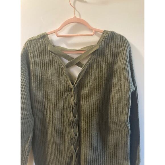 Olive Green V-Neck Sweater w/ Criss Cross Back - XS - Picture 2 of 6